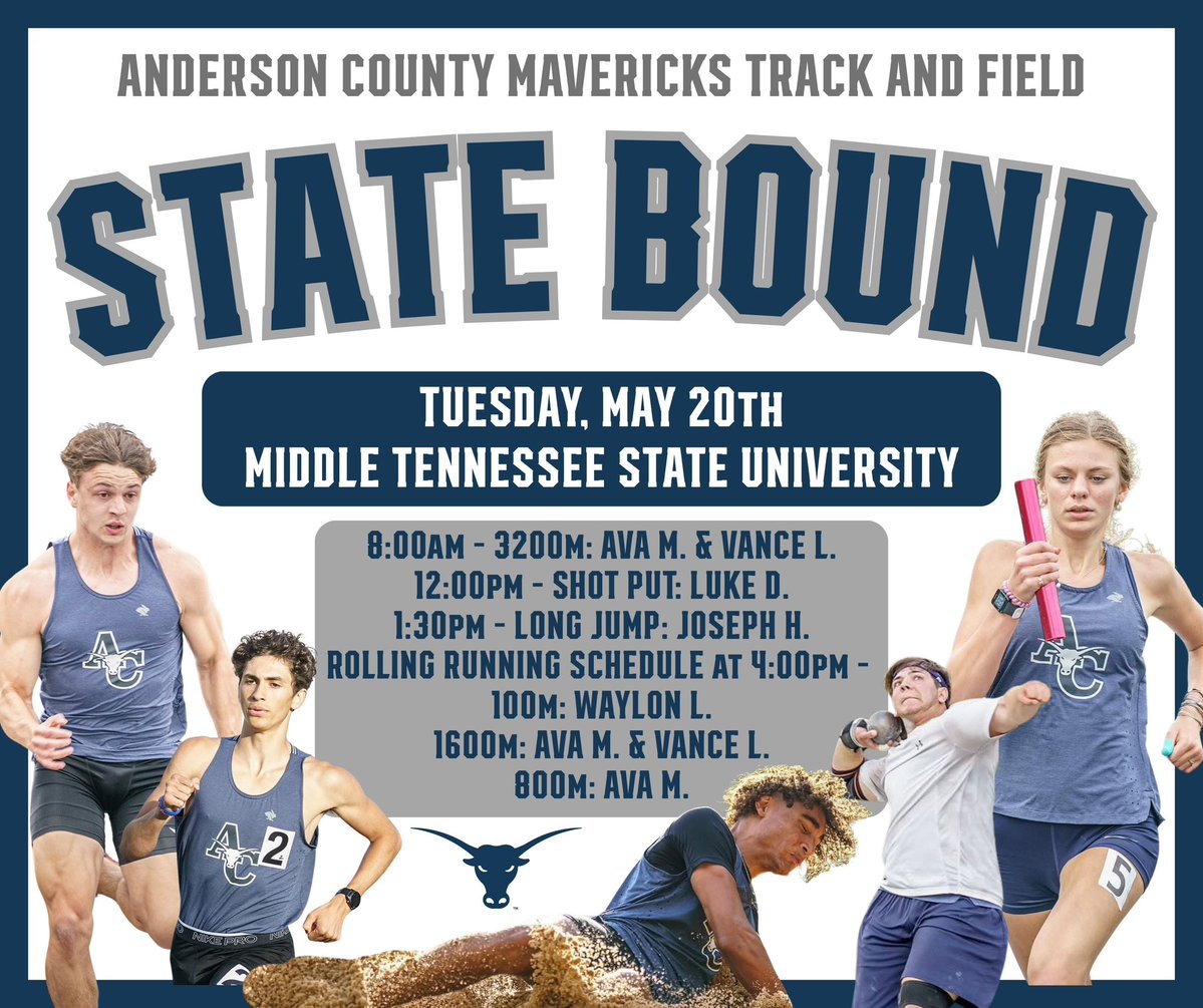 mavericks_xctf's tweet image. Tomorrow afternoon the ACHS Track & Field team will be headed to Murfreesboro for the TSSAA AA State Championships! We have FIVE athletes that will be competing on Tuesday at Middle Tennessee State University for a chance to win a State Title! Go Mavs! 🐮💙🏃🏼♀️