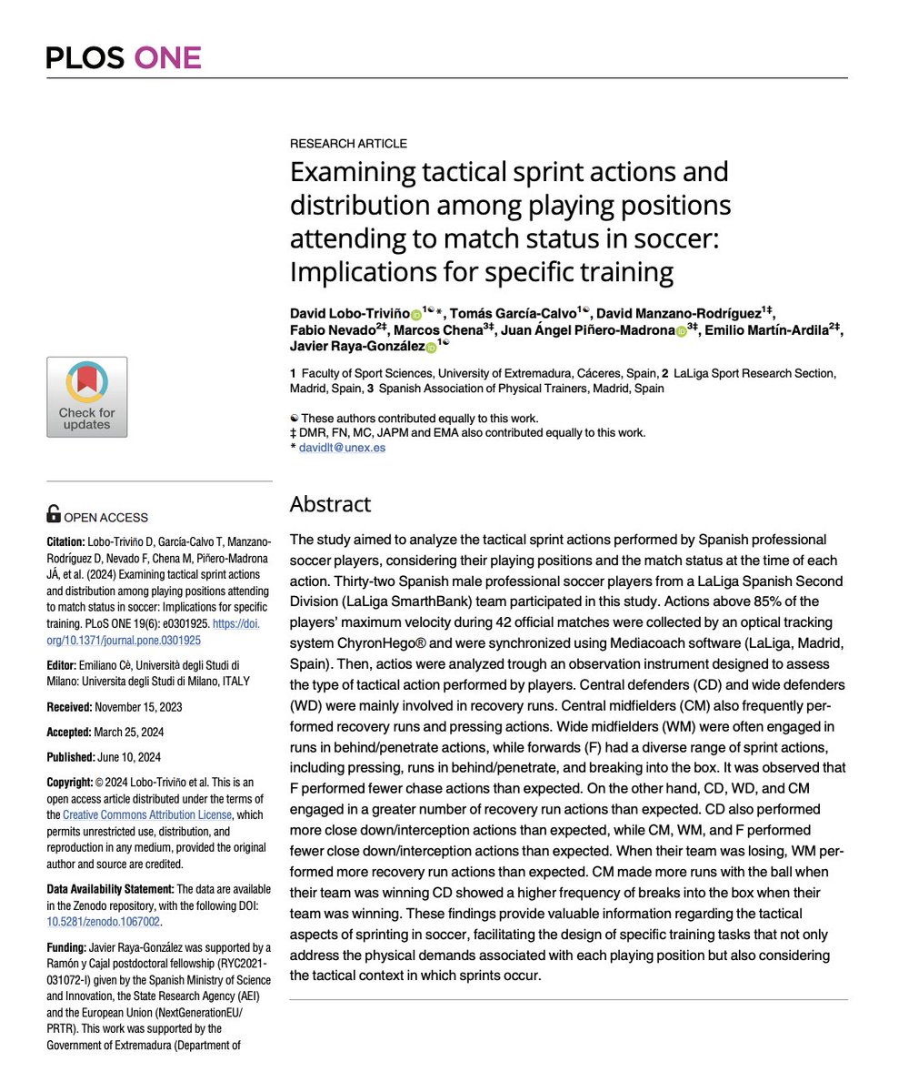 🔝"These findings provide valuable information regarding the tactical aspects of sprinting in ⚽️, facilitating the design of specific training tasks associated with each playing position"
👉 D. Lobo-Triviño <a href="/MarcosChenaSin/">Marcos Chena</a> et al, 2024 🇪🇸
📂Open Access: journals.plos.org/plosone/articl…