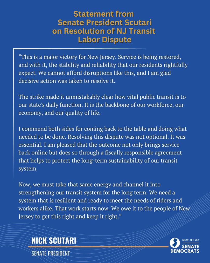 This is a major victory for New Jersey. Service is being restored, and with it, the stability and reliability that our residents rightfully expect. We cannot afford disruptions like this, and I am glad decisive action was taken to resolve it.