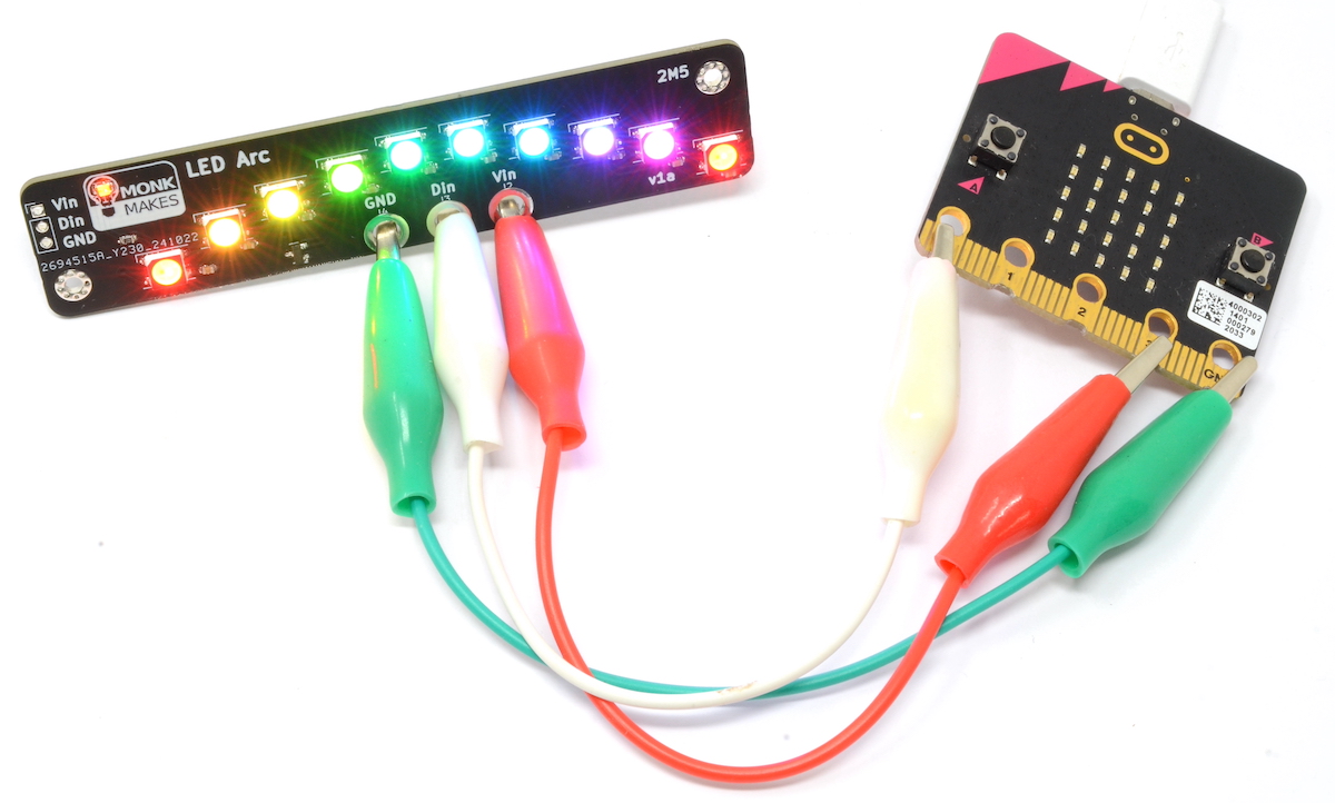 Our Neopixel product is a bit different from the others. It has ring connectors for micro:bit and you can solder header pins on for other microcontrollers. It has polarity protection and a power LED, so you can see if its getting power or not.. monkmakes.com/led_arc.html