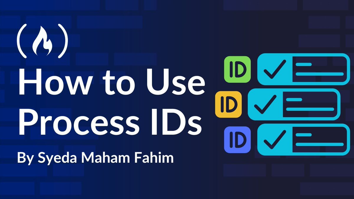freeCodeCamp.org (@freecodecamp) on Twitter photo You may have wondered how a computer knows which program's output to display - especially if more than one's running.
Well here, <a href="/0xSyedaMaham/">Syeda Maham Fahim</a> teaches you about process IDs and why they're important.
You'll learn what PIDs do and how to use them to manage your processes. You may have wondered how a computer knows which program's output to display - especially if more than one's running.
Well here, <a href="/0xSyedaMaham/">Syeda Maham Fahim</a> teaches you about process IDs and why they're important.
You'll learn what PIDs do and how to use them to manage your processes.