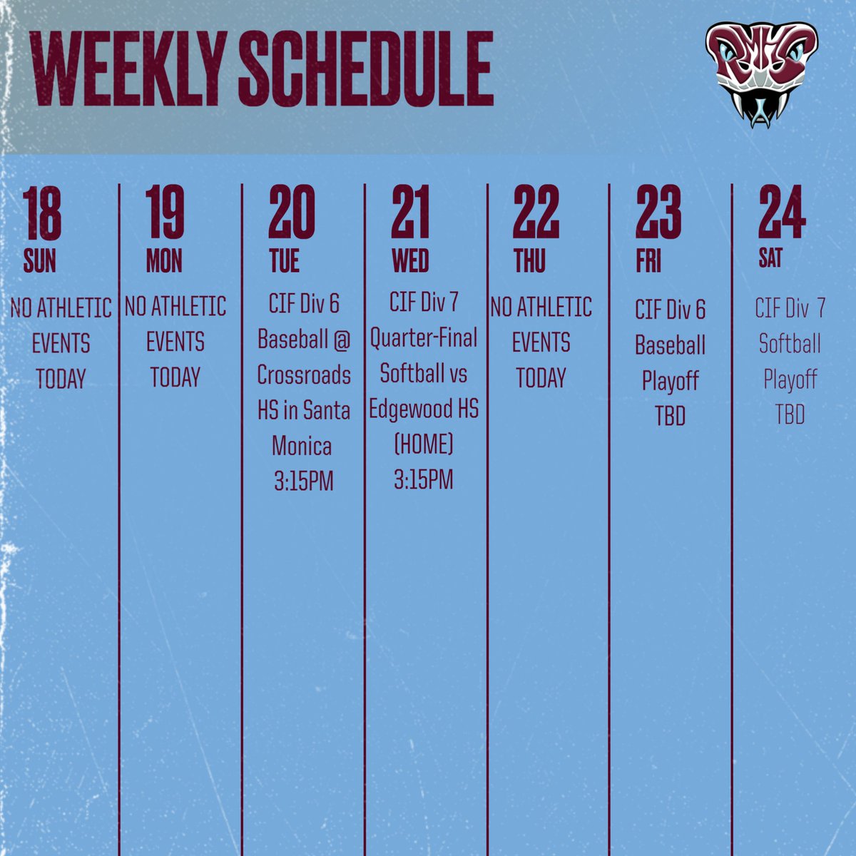 After wins this past week, Baseball &amp; Softball playoff runs continue this week! Make your plans to be there to support our Rattlers!!