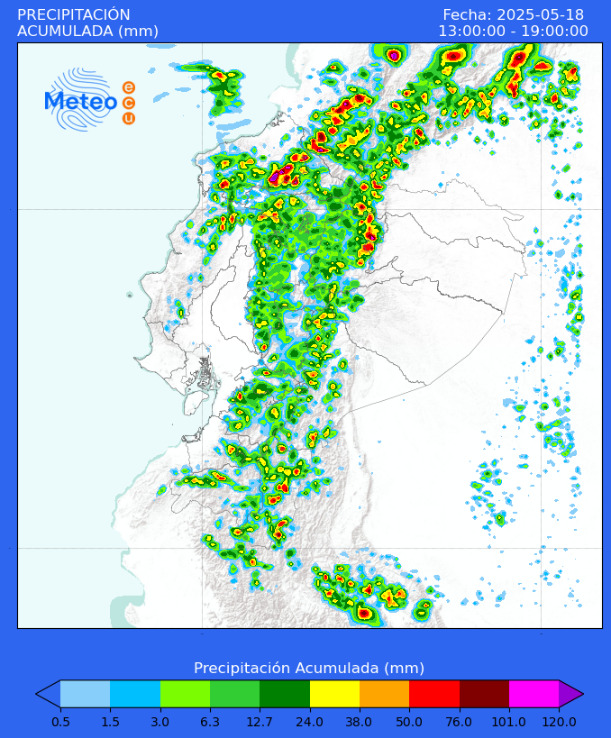 Pronóstico meteorológico de precipitación acumulada en #Ecuador para la tarde del lunes 19 de mayo de 2025