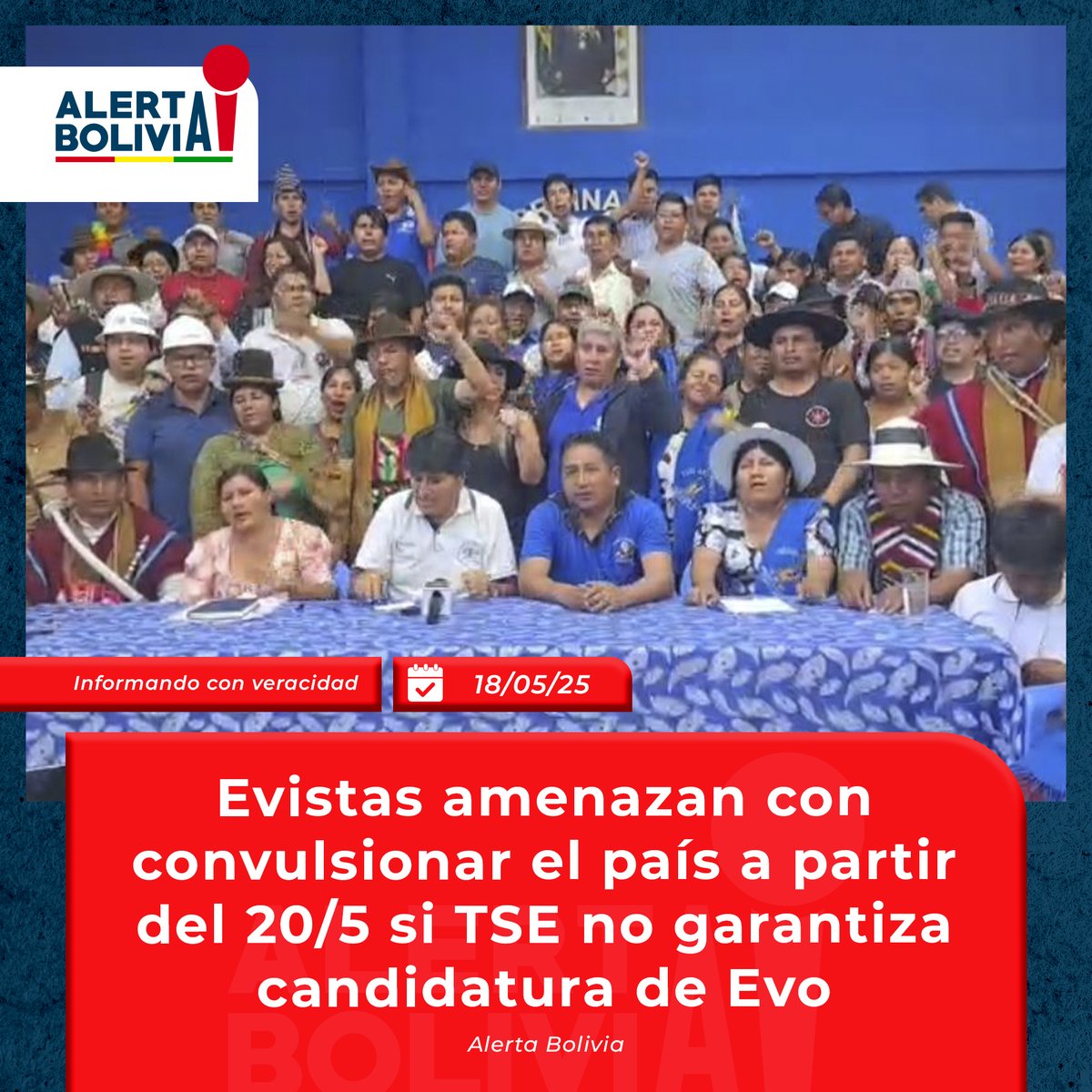AlertBolOnline's tweet image. 🚨Alerta Bolivia
#Política

🚨 ¡Evistas lanzan ultimátum! ⚠️ Si Evo no es inscrito hasta el lunes, convocarán movilización nacional desde el 20/5 💥

#EvoMorales #TSE2025 #LaucaÑ #PolíticaBo #Convulsión ##ultimahoraÚltimaHora