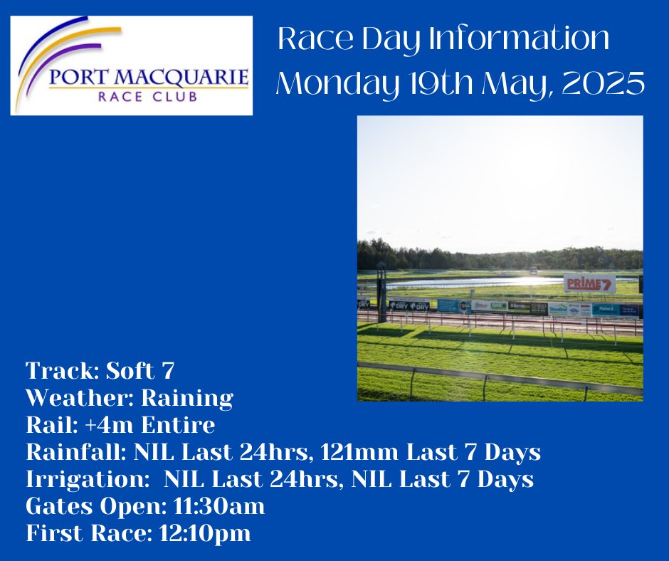 Port Macquarie Races (@port_races) on Twitter photo Despite the dreary weather today's Cruze FM 93.5 Race day at <a href="/port_races/">Port Macquarie Races</a> is still going ahead.
See below Track & Weather report: Despite the dreary weather today's Cruze FM 93.5 Race day at <a href="/port_races/">Port Macquarie Races</a> is still going ahead.
See below Track & Weather report: