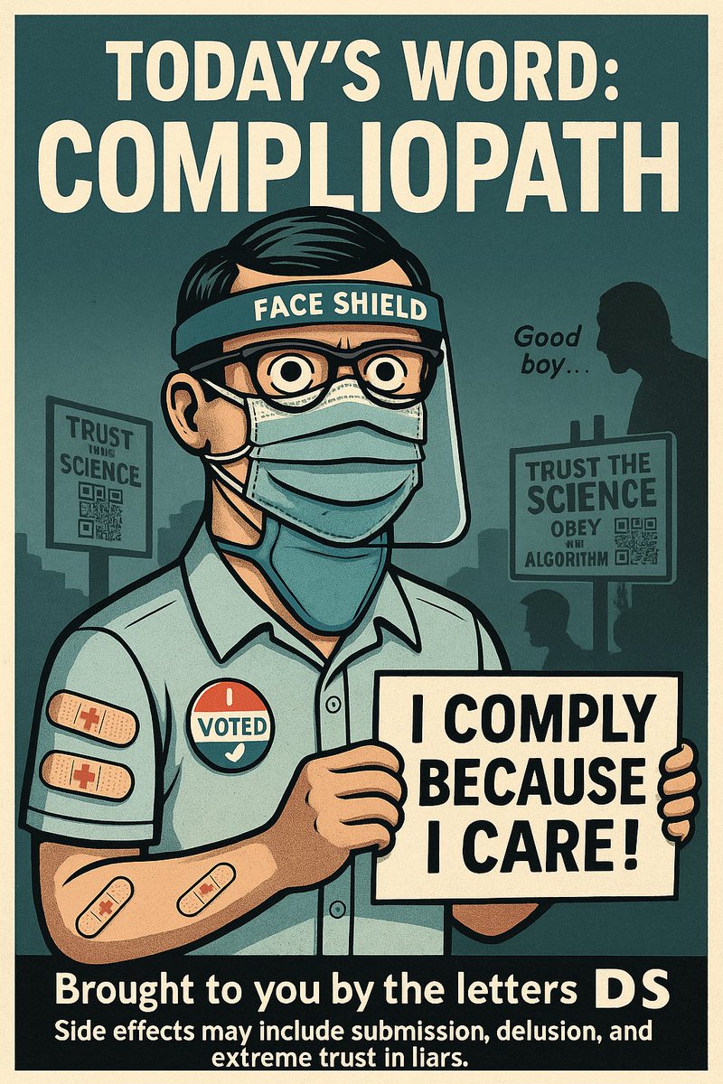 KerryLutz's tweet photo. Todayβs word is: COMPLIOPATH
A person so addicted to obedience theyβll wear 3 masks, a face shield, and a dental dam to buy groceries.
Brought to you by the letters D & S.
Deprogramming starts now.
#Compliopath #RedPill #DeepState #Satire #NewWordAlert #WakeUp #MindControl #TrustTheScience #ObeyNoMore #DSExposed