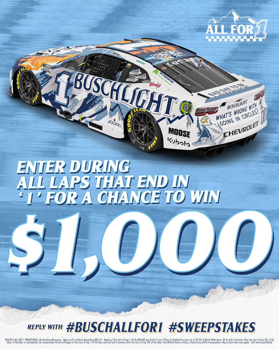 BuschBeer's tweet image. LAP 1 IS UNDERWAY #AllStarRace @NWBSpeedway ​

REPLY NOW using #BuschAllFor1 #Sweepstakes to enter for a chance to win $1,000!