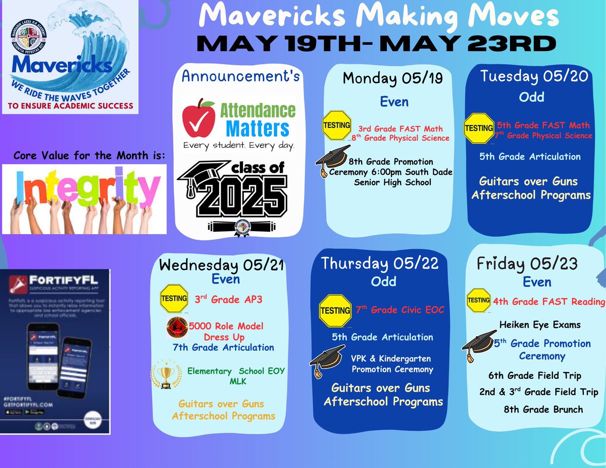 Mandarin Lakes K-8 (@mandarink8) on Twitter photo Mavericks, it’s time to kick off a week of meaningful learning! 🌎📚💡 Remember, being present and on time sets the tone for success. Let’s make it a great week! 💪 #weridethewavetogether #YourBestChoiceMDCPS <a href="/SuptDotres/">Jose L. Dotres, Ed.D.</a> <a href="/MDCPSSouth/">South Region Office</a> <a href="/MDCPS/">Miami-Dade Schools</a> <a href="/calonaka/">Calondria E. Williams</a> Mavericks, it’s time to kick off a week of meaningful learning! 🌎📚💡 Remember, being present and on time sets the tone for success. Let’s make it a great week! 💪 #weridethewavetogether #YourBestChoiceMDCPS <a href="/SuptDotres/">Jose L. Dotres, Ed.D.</a> <a href="/MDCPSSouth/">South Region Office</a> <a href="/MDCPS/">Miami-Dade Schools</a> <a href="/calonaka/">Calondria E. Williams</a>