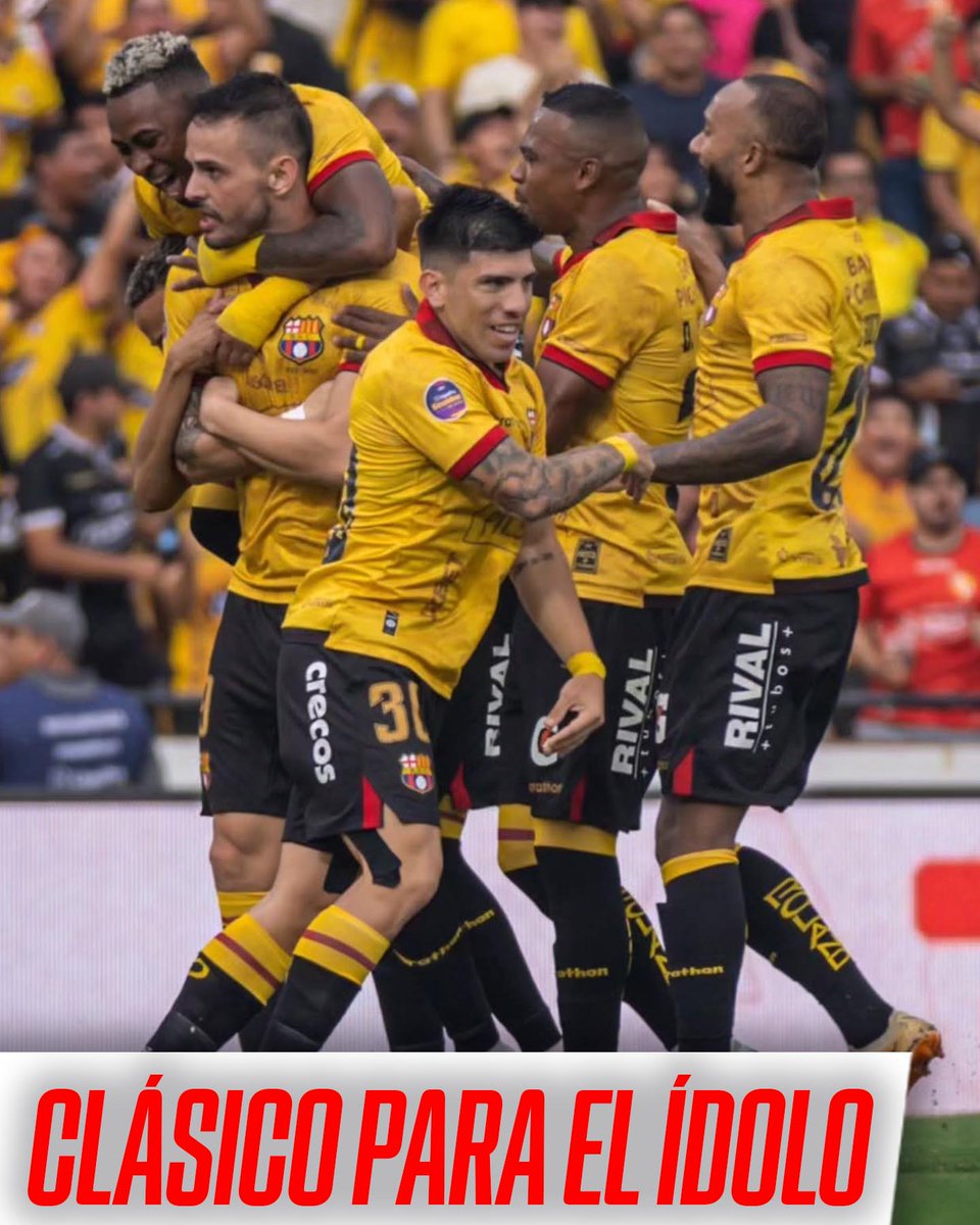SC_ESPN's tweet photo. 🇪🇨 ¡BARCELONA GANÓ EL CLÁSICO DEL ASTILLERO Y NUEVAMENTE ES ÚNICO LÍDER, UN PUNTO POR ENCIMA DE INDEPENDIENTE DEL VALLE!

✅ El Ídolo venció 2-0 a Emelec por la fecha 13 de la #LigaPro 

⚽ Doblete de 🇺🇾 Octavio Rivero

🟥 Se fue expulsado 🇦🇷 Marcelo Meli en El Bombillo

📷 @BarcelonaSC