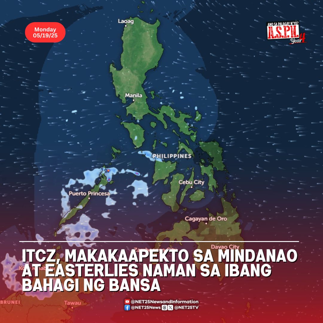 NET25TV's tweet image. ITCZ, magdudulot ng maulap na kalangitan at kalat-kalat na pagulan at thunderstorms sa Mindanao at Palawan. Sa Eastern Samar at Southern Leyte naman, inaasahan ang kalat-kalat nap ag-ulan at thunderstorms dulot ng Easterlies. 

#NET25NewsandInformation #ASPN #PAGASA #DOST