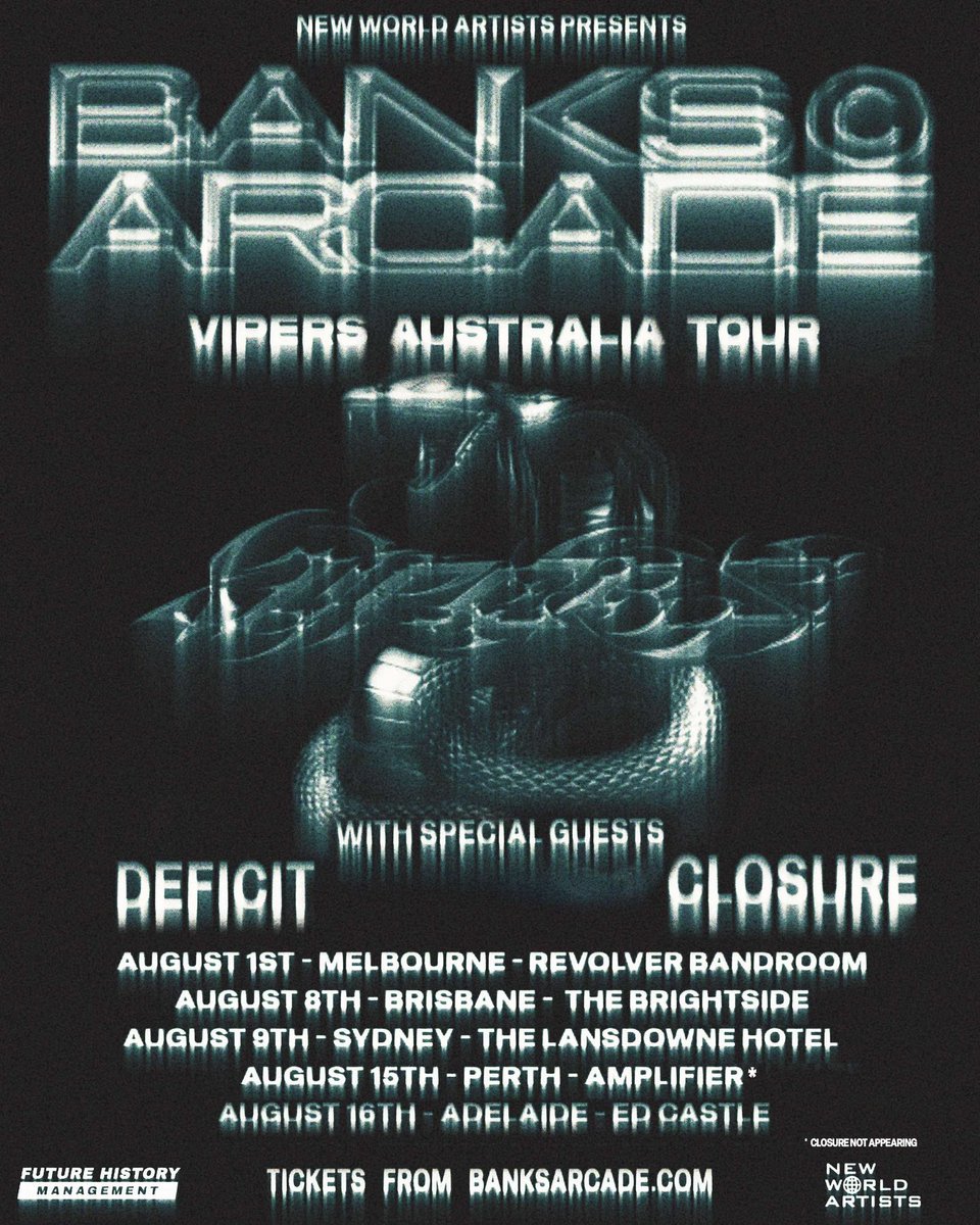 We are so excited to join our friends <a href="/banksarcade/">Banks Arcade</a> and <a href="/deficitmusicaus/">DEFICIT</a> on tour this August 🖤
Tickets go on sale Wednesday May 21 @ 9am AEST