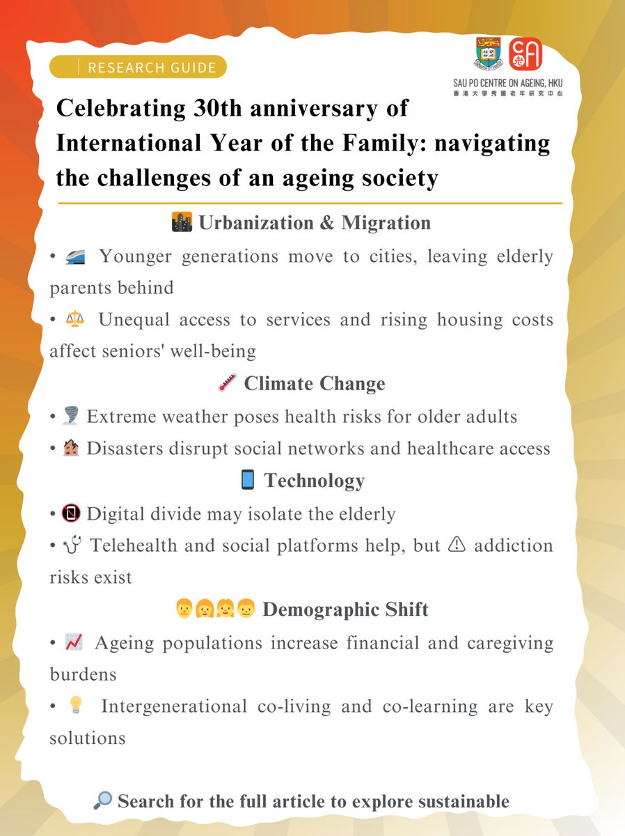 Celebrating 30 Years of the International Year of the Family: Navigating an Ageing Society！

How Urbanization, Climate Change, Technology &amp; Demographics Impact Families

Search for the full article to explore sustainable strategies!

#AgeingSociety #FamilySupport