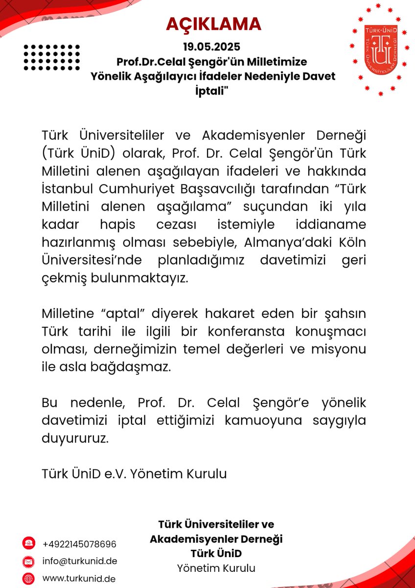 turkunid's tweet photo. Açıklama

Türk Üniversiteliler ve Akademisyenler Derneği (Türk ÜniD) olarak, Prof. Dr. Celal Şengör'ün Türk Milletini alenen aşağılayan ifadeleri ve hakkında İstanbul Cumhuriyet Başsavcılığı tarafından “Türk Milletini alenen aşağılama” suçundan 2 yıla kadar hapis cezası https://t.co/Rdullgr2RA