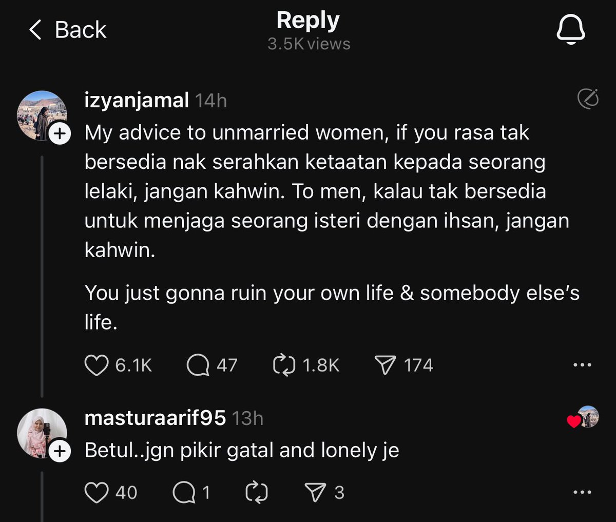 Kalau tak bersedia lagi nak serahkan ketaatan pd suami, just don’t. 

Kalau tak bersedia nak ada ihsan pada wife, also just don’t.