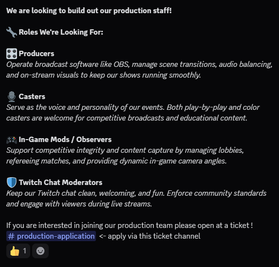 Vanguard Gaming is looking to expand our production team! If interested in casting, producing, in game observing, or being a twitch chat mod please join our discord and apply!