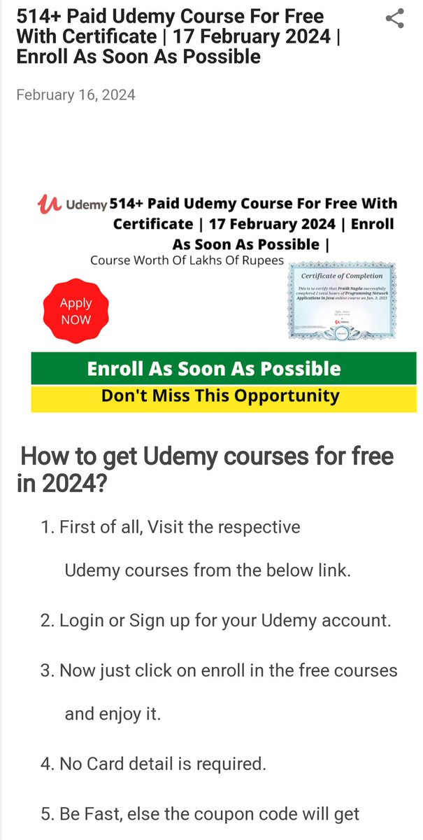 514 Free Udemy Courses for free with a certificate

Coupons Codes Added in all Courses
Enroll asap
Coupon codes may expire anytime

It costs 200$, But FREE for the next 24 hrs.

Simply:
1) Follow (so that I can DM)
2) Like and Repost
3) Comment "send"