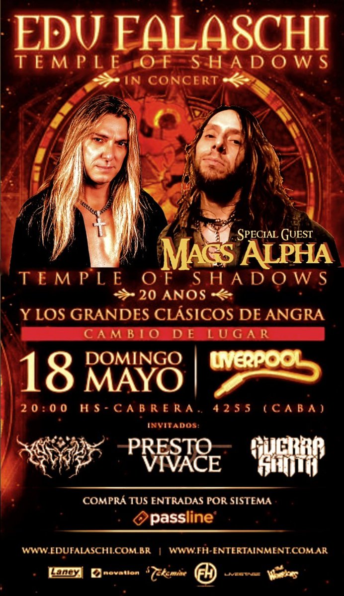Mags_Alpha's tweet photo. @MagsAlpha 
🇺🇸 EDU FALASCHI IN ARGENTINA -
TEMPLE OF SHADOWS 20 YEARS 

The former Angra singer returns with his band to Argentina to celebrate 20 years of 'Temple of Shadows' and review the group's great classics. Special guest: MAGS ALPHA
🎫 TICKETS AT:  PASSLINE ARGENTINA https://t.co/YhthGoZxPk
