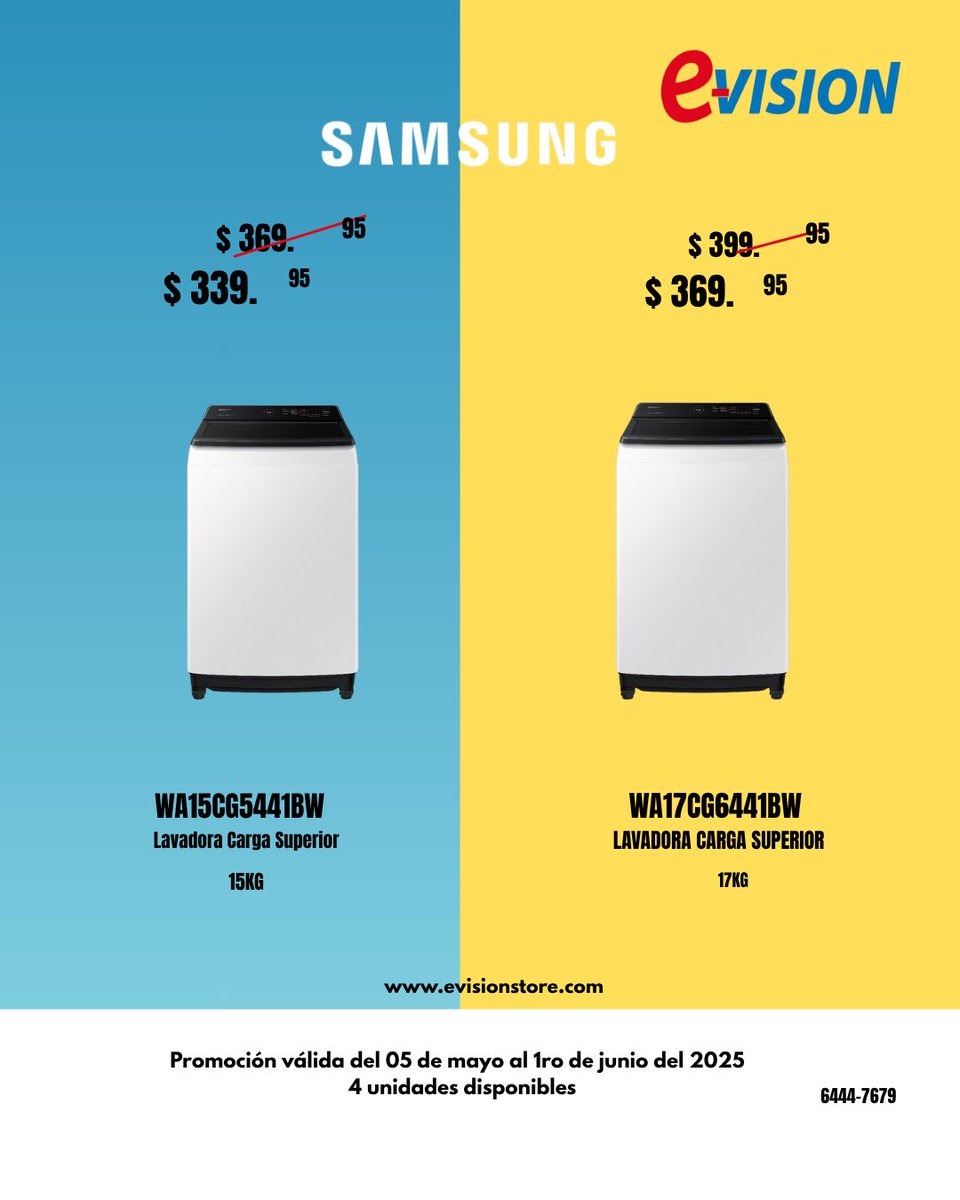 evisionstore's tweet image. ¿Buscando una lavadora? En E-Visiontenemos estos modelos de carga superior de #Samsung esperando por ti.
¿Tienes alguna consulta? Escríbenos al WhatsApp 👉 6444-7679
#EVision #Lavadora #LíneaBlanca #Cocina #Panamá