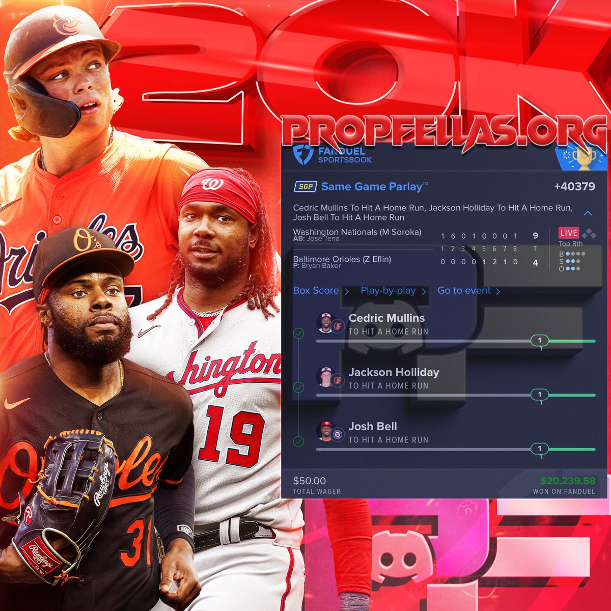 PropFella's tweet image. 🚨+40379 BANGER CASHED ✅
$50 ➡️ $20,239.58 💰🤯
All plays posted in the Discord ➡️ PropFellas.org