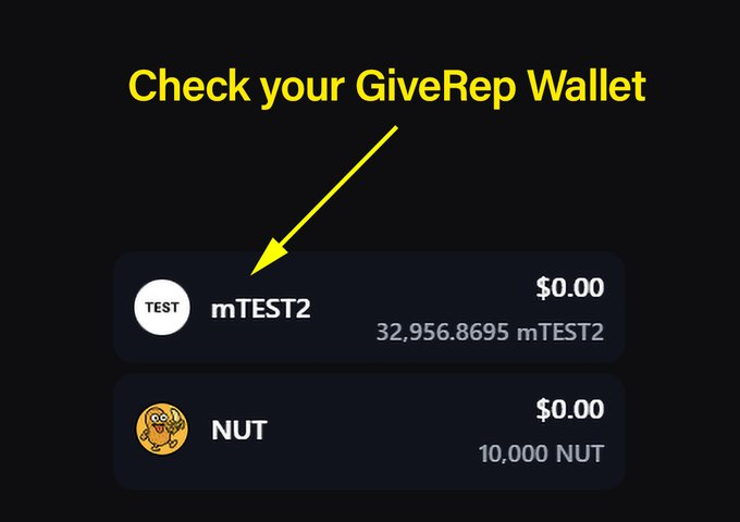 Cập nhật nóng từ <a href="/GiveRep/">GiveRep</a> !

Check ví mặc định trên Giverep đi anh em 👀
(Phía bên phải giao diện Giverep là thấy ví liền)
Có gì lạ không?
→ Xuất hiện 2 token mới:

1. mTEST2 – có vẻ là token test của chính Giverep. Có thể đây sẽ là cách họ airdrop hoặc gửi