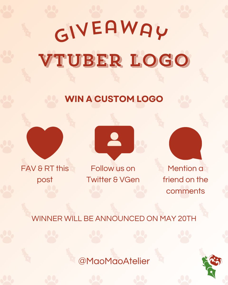 MaoMaoAtelier's tweet photo. ✨ CUSTOM VTUBER LOGO GIVEAWAY ✨

We’re giving away a custom logo designed by @Nosoymartuwi, one of our talented artists at MaoMao Atelier!

How to enter:
✅ Like & RT this post
✅ Follow MaoMao Atelier on VGen (link in our bio)
✅ Follow @MaoMaoAtelier and @Nosoymartuwi on X

Bonus entry:
✅ Mention a friend on the comments!

🎉 Winner will be announced on May 20th — good luck!