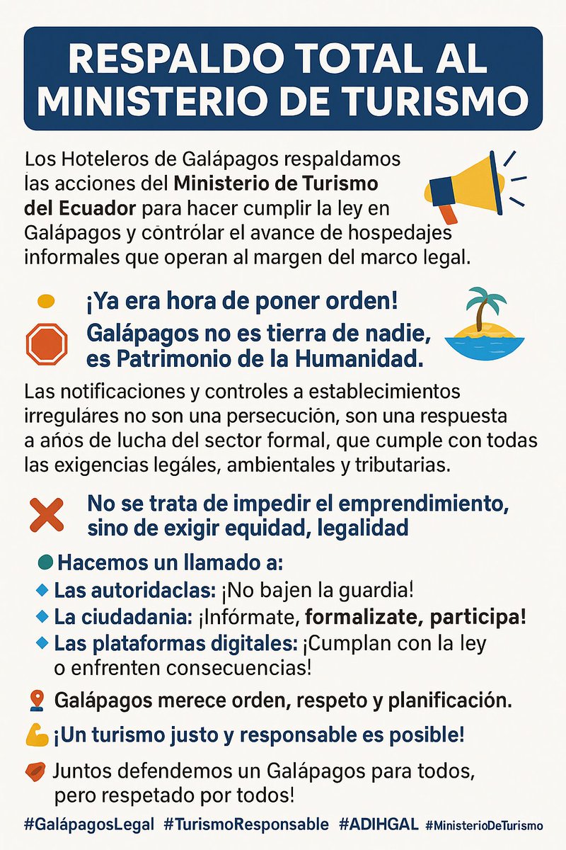adihgal's tweet photo. RESPALDO TOTAL AL MINISTERIO DE TURISMO
Los Hoteleros de Galápagos respaldamos las acciones del @minturgalapagos  para hacer cumplir la ley en Galápagos y controlar los hospedajes informales que operan al margen del marco legal. Galápagos no es tierra de nadie. https://t.co/wsPYvum1Lv
