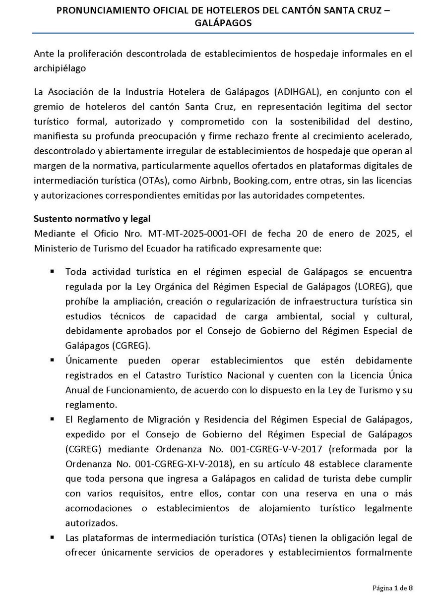 adihgal's tweet photo. RESPALDO TOTAL AL MINISTERIO DE TURISMO
Los Hoteleros de Galápagos respaldamos las acciones del @minturgalapagos  para hacer cumplir la ley en Galápagos y controlar los hospedajes informales que operan al margen del marco legal. Galápagos no es tierra de nadie. https://t.co/wsPYvum1Lv