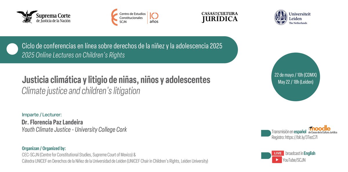 Suprema Corte (@scjn) on Twitter photo En la segunda sesión de este ciclo organizado por el <a href="/CEC_SCJN/">Centro de Estudios Constitucionales</a>, en colaboración con la Universidad de Leiden, se hablará sobre la justicia climática con <a href="/FlorPazLandeira/">Florencia Paz Landeira</a> de <a href="/YouthClimateJ/">Youth Climate Justice</a>.
💻 Registro: bit.ly/3TecC7l
Con apoyo de <a href="/CCJSCJN/">Casas de la Cultura Jurídica, SCJN</a> En la segunda sesión de este ciclo organizado por el <a href="/CEC_SCJN/">Centro de Estudios Constitucionales</a>, en colaboración con la Universidad de Leiden, se hablará sobre la justicia climática con <a href="/FlorPazLandeira/">Florencia Paz Landeira</a> de <a href="/YouthClimateJ/">Youth Climate Justice</a>.
💻 Registro: bit.ly/3TecC7l
Con apoyo de <a href="/CCJSCJN/">Casas de la Cultura Jurídica, SCJN</a>