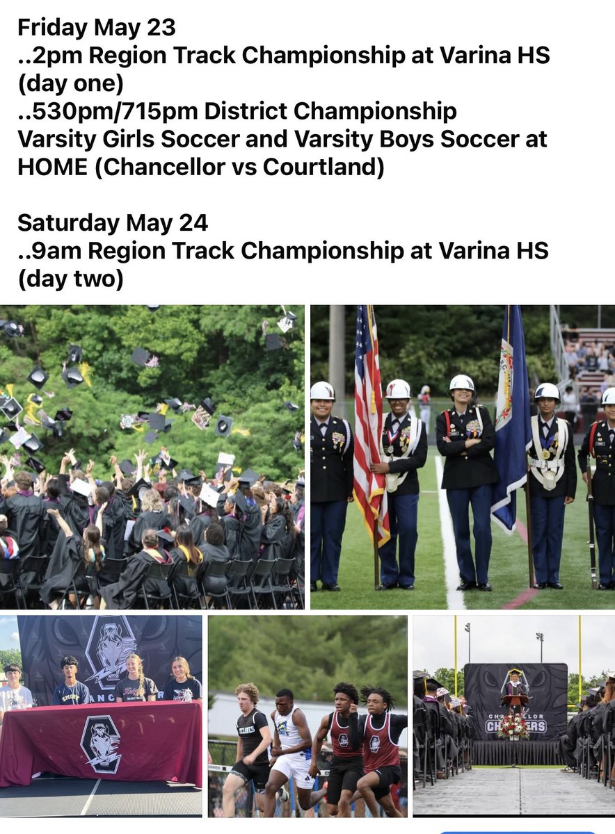 Chancellor Athletics 
.week of May 19 to May 24
..visit our website or app 'rschool' for the latest schedules and scores
chancellorhs.rschoolteams.com

#LeadTheCharge
