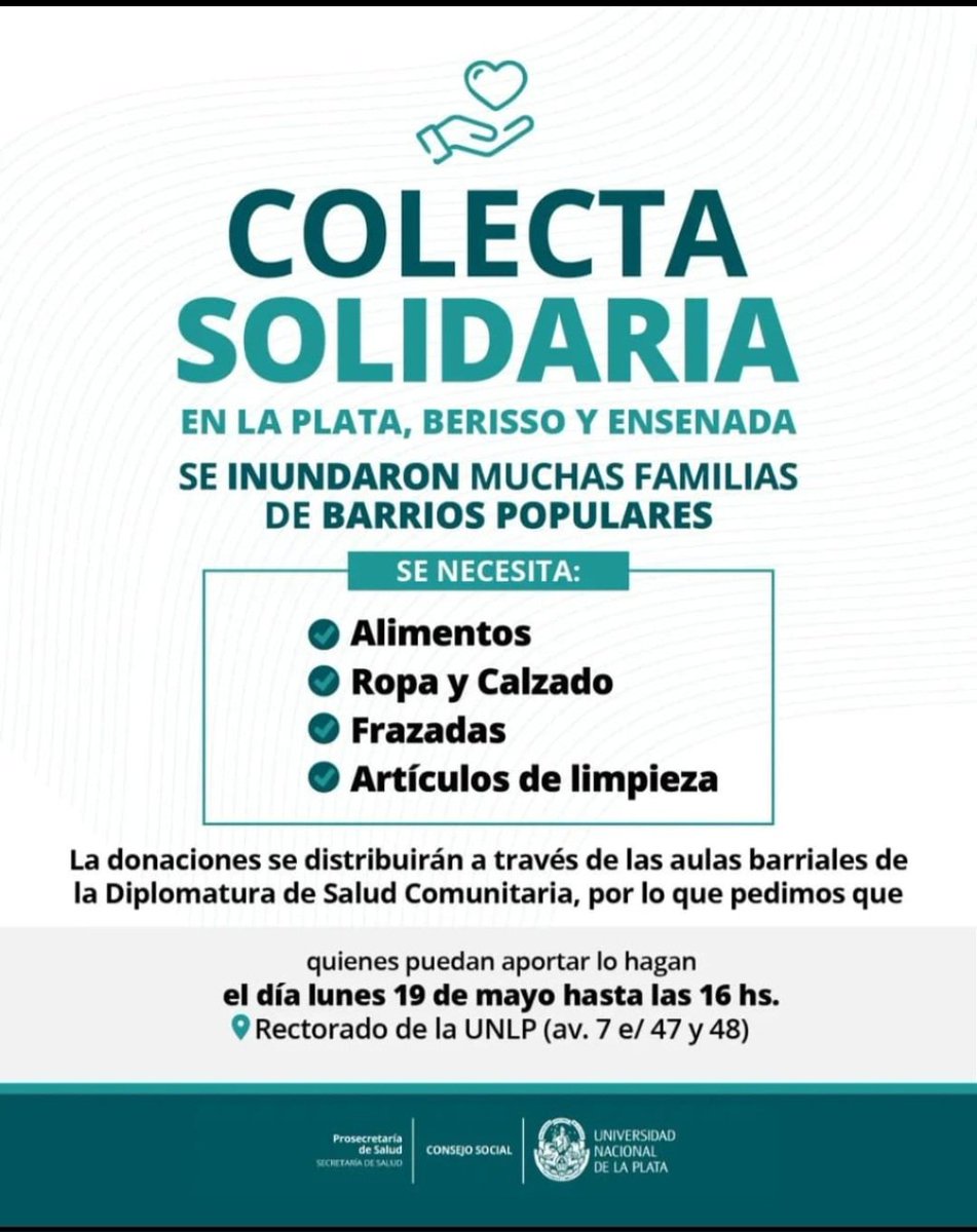 COLECTA SOLIDARIA <a href="/unlp/">UNLP</a> para ayudar a las familias víctimas de las inundaciones. 
Acercá tu donación el lunes 19 de mayo hasta las 16 hs. en el Rectorado de la UNLP 7 N* 776 entre 47 y 48 
#ContactoUniversitario #40años