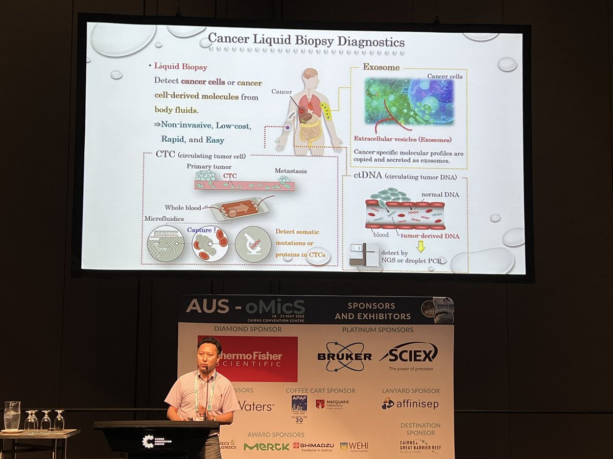 Koji Ueda speaking in the Health &amp; Disease session #ausomics2025. APS has a speaker exchange program with the Japanese Proteomics Society enabling Koji to speak in Cairns!