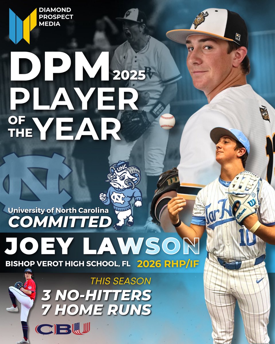 Congratulations to 2026 RHP/IF <a href="/JoeyLawson2026/">Joseph Lawson</a> of <a href="/VerotBaseball/">Bishop Verot Baseball</a> as he wins the 2025 #DPMPlayerOfTheYear award! The <a href="/DiamondHeels/">Carolina Baseball</a> commit received two of the three picks (Scouting Staff and Scouting Director) after an outstanding regular season. <a href="/CBU_FL/">🇺🇸CBU🇺🇸</a> #DiamondCoverage #DoYouCBU