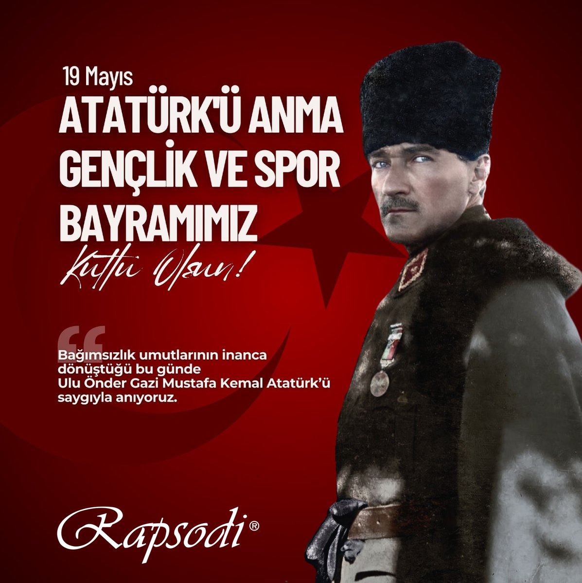 Rapsodi_socks's tweet photo. 19 Mayıs, bir milletin yeniden doğuşunun simgesidir. Geleceğimizin teminatı olan gençlerimizin bu büyük mirası gururla taşıyacaklarına inancımız tamdır. 19 Mayıs Atatürk'ü Anma, Gençlik ve Spor Bayramı'mız kutlu olsun.

#19Mayıs #Atatürk #GençlikveSporBayramı https://t.co/sOvMNDRaME