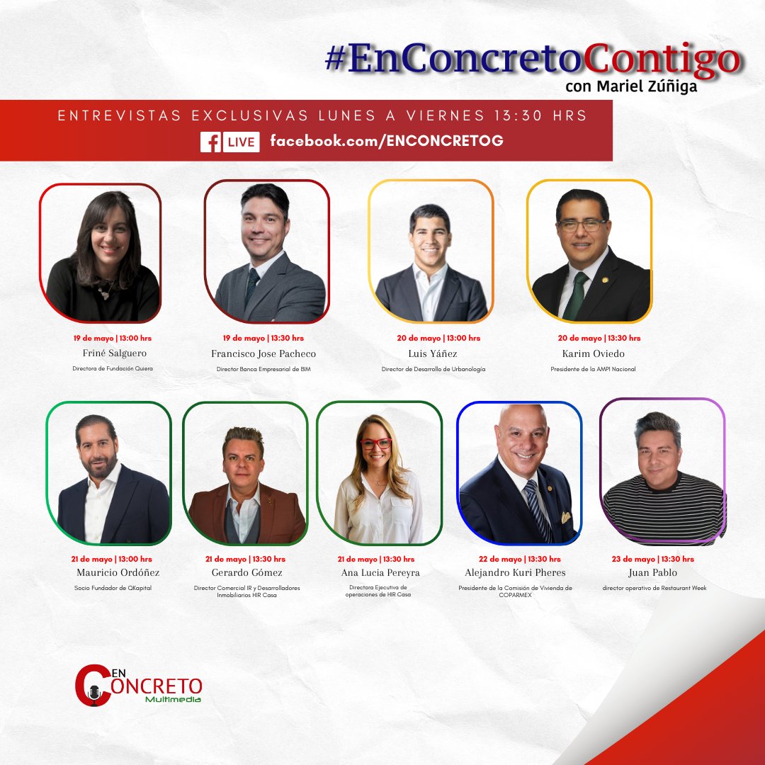 📅 ¡#Entrevistas exclusivas en #EnConcretoContigo 13:00 y 13: 30 hrs ! 🔗 Súmate por #FacebookLive ➡️facebook.com/ENCONCRETOG

🙌Lunes: Con la gran responsabilidad de transformar vidas, Friné Salguero (<a href="/frine_salguero/">Friné</a>), Directora de la <a href="/FundacionQuiera/">Fundación Quiera</a> , trabaja cada día para