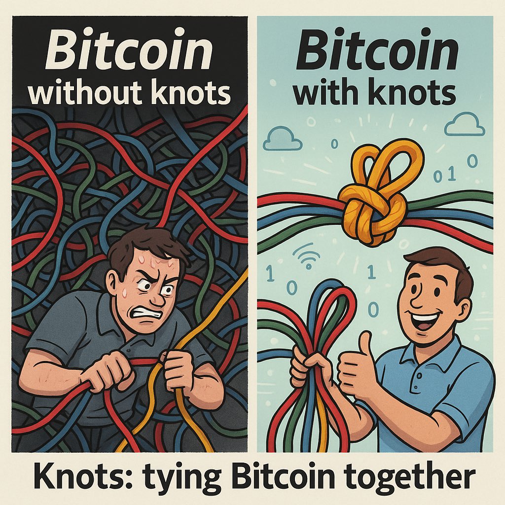 TimPNW's tweet image. Bitcoin Core is tangled in politics, censorship, and dev capture.

Bitcoin Knots is clean, principled, and user-focused.

Fix the mess.
Run Knots.

Knots: tying Bitcoin together.
#Bitcoin #RunKnots