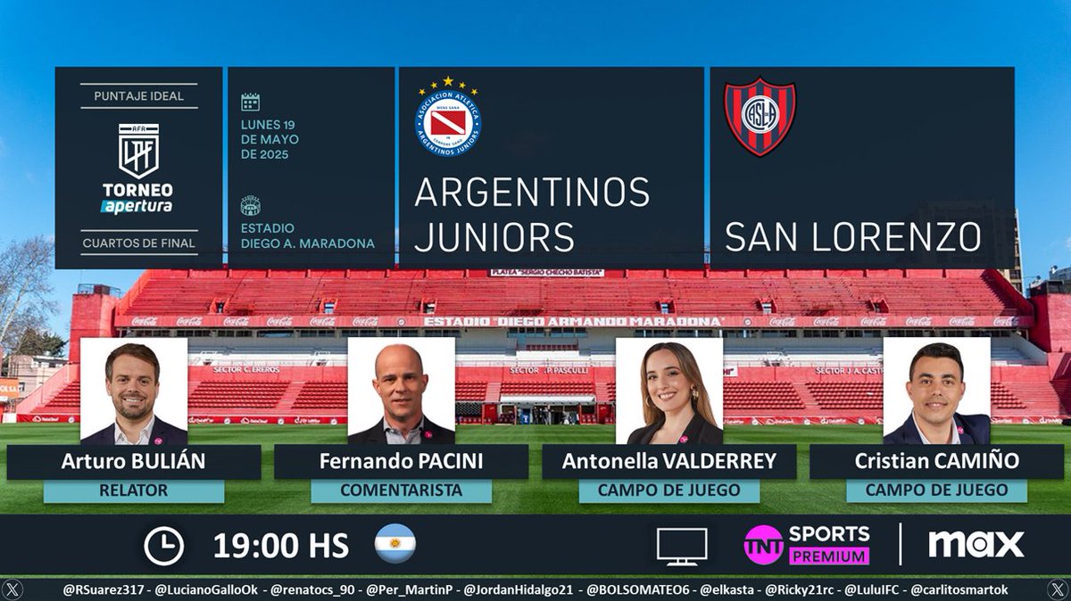 Puntaje Ideal (@puntaje_ideal) on Twitter photo ⚽ #TorneoApertura 🇦🇷 | #Argentinos vs. #SanLorenzo
🎙 Relator: <a href="/arturobulian/">Arturo Bulian</a>
🎙 Comentarista: Fernando Pacini
🎙 Campo de juego: <a href="/AntoValderrey/">Anto Valderrey</a> y <a href="/caminocristiann/">Cristian Camiño</a>
📺 <a href="/TNTSportsAR/">TNT Sports Argentina</a> 🇦🇷
💻📱 <a href="/StreamMaxLA/">HBO Max Latinoamérica</a> 🇦🇷
🤳 #LPFxTNTSports - #PackFútbol
Dale RT 🔃 ⚽ #TorneoApertura 🇦🇷 | #Argentinos vs. #SanLorenzo
🎙 Relator: <a href="/arturobulian/">Arturo Bulian</a>
🎙 Comentarista: Fernando Pacini
🎙 Campo de juego: <a href="/AntoValderrey/">Anto Valderrey</a> y <a href="/caminocristiann/">Cristian Camiño</a>
📺 <a href="/TNTSportsAR/">TNT Sports Argentina</a> 🇦🇷
💻📱 <a href="/StreamMaxLA/">HBO Max Latinoamérica</a> 🇦🇷
🤳 #LPFxTNTSports - #PackFútbol
Dale RT 🔃