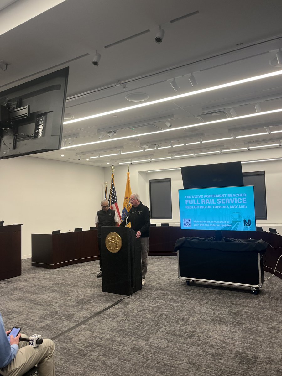 Governor Phil Murphy (@govmurphy) on Twitter photo Tonight, we announced that <a href="/NJTRANSIT/">NJ TRANSIT</a> and the <a href="/BLET/">Brotherhood of Locomotive Engineers and Trainmen</a> have agreed to a fair and fiscally responsible contract.
Regular rail service will resume on Tuesday morning, as it takes 24 hours to inspect and prepare tracks and rail cars before returning to a full service schedule. Tonight, we announced that <a href="/NJTRANSIT/">NJ TRANSIT</a> and the <a href="/BLET/">Brotherhood of Locomotive Engineers and Trainmen</a> have agreed to a fair and fiscally responsible contract.
Regular rail service will resume on Tuesday morning, as it takes 24 hours to inspect and prepare tracks and rail cars before returning to a full service schedule.