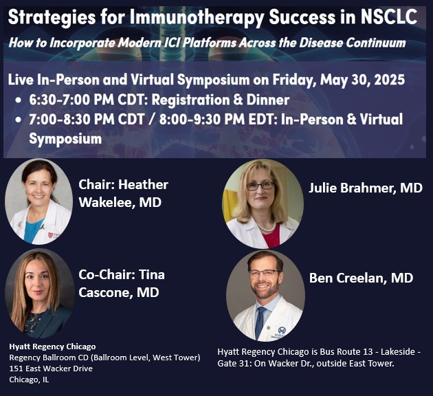 Ben Creelan, MD (@bencreelan) on Twitter photo What’s next for #NSCLC care? Join me, <a href="/HwakeleeMD/">Heather Wakelee</a>, @TinaCasconeMD & <a href="/JulieBrahmer/">Dr. Julie Brahmer</a> at <a href="/PeerView/">PeerView</a>/<a href="/LUNGevity/">LUNGevity Foundation</a>’s #ASCO25 symposium!
🚩Hyatt Regency Chicago
🕣May 30 | 6:30 PM CDT – Dinner
7–8:30 PM CDT / 8 –9:30 PM EDT – Symposium
🔗bit.ly/2025NSCLCT
#OncologyEducation What’s next for #NSCLC care? Join me, <a href="/HwakeleeMD/">Heather Wakelee</a>, @TinaCasconeMD & <a href="/JulieBrahmer/">Dr. Julie Brahmer</a> at <a href="/PeerView/">PeerView</a>/<a href="/LUNGevity/">LUNGevity Foundation</a>’s #ASCO25 symposium!
🚩Hyatt Regency Chicago
🕣May 30 | 6:30 PM CDT – Dinner
7–8:30 PM CDT / 8 –9:30 PM EDT – Symposium
🔗bit.ly/2025NSCLCT
#OncologyEducation