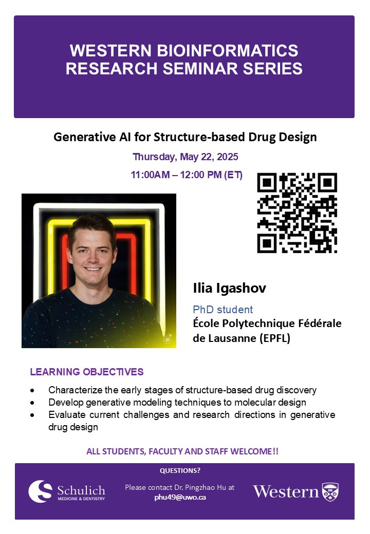 Western Bioinformatics (@westernbioinfo1) on Twitter photo Join us for the Western Bioinformatics Seminar on Thursday, May 22, 2025, from 11:00 AM to 12:00PM ET. Scan the QR code to access the Zoom link.
<a href="/igashov/">Ilia Igashov</a>,<a href="/WesternU/">Western University</a>, <a href="/SchulichMedDent/">Schulich WesternU</a>, <a href="/westernuBiochem/">Biochemistry</a>, <a href="/WesternU_CTCR/">CTCR</a>, <a href="/westernuScience/">Western Science</a>, <a href="/westernuepibio/">Western Epi&Biostats</a>, <a href="/befcorreia/">Bruno Correia</a>, <a href="/mmbronstein/">Michael Bronstein</a> Join us for the Western Bioinformatics Seminar on Thursday, May 22, 2025, from 11:00 AM to 12:00PM ET. Scan the QR code to access the Zoom link.
<a href="/igashov/">Ilia Igashov</a>,<a href="/WesternU/">Western University</a>, <a href="/SchulichMedDent/">Schulich WesternU</a>, <a href="/westernuBiochem/">Biochemistry</a>, <a href="/WesternU_CTCR/">CTCR</a>, <a href="/westernuScience/">Western Science</a>, <a href="/westernuepibio/">Western Epi&Biostats</a>, <a href="/befcorreia/">Bruno Correia</a>, <a href="/mmbronstein/">Michael Bronstein</a>