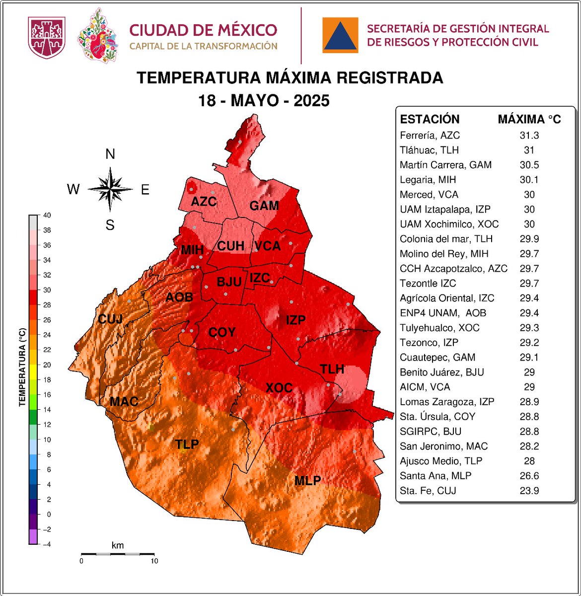 🔴 Últimos días de la #OlaDeCalor en #CDMX; Hoy domingo se registraron hasta 31.3°C ⚠️ en Ferrería, Azcapotzalco (imagen).

⛈️ A partir del jueves la temporada de lluvias se establecerá, ocasionando al mismo tiempo un notable descenso térmico y lluvias más abundantes.