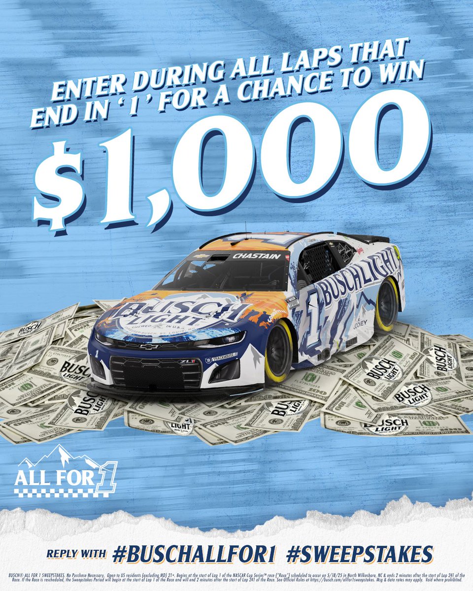Busch Beer (@buschbeer) on Twitter photo LAP 171 is your CHANCE to win $1,000!
ENTER NOW using #BuschAllFor1 #Sweepstakes for a chance to win $1,000! #AllStarRace <a href="/NWBSpeedway/">North Wilkesboro Speedway</a> LAP 171 is your CHANCE to win $1,000!
ENTER NOW using #BuschAllFor1 #Sweepstakes for a chance to win $1,000! #AllStarRace <a href="/NWBSpeedway/">North Wilkesboro Speedway</a>