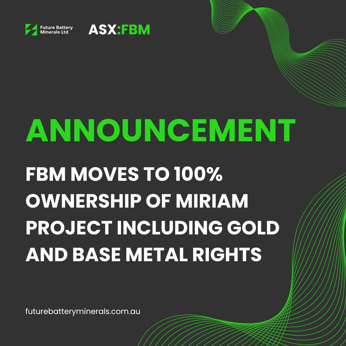 Future Battery Minerals Limited (@fbm_limited) on Twitter photo #ASXNews
<a href="/FBM_Limited/">Future Battery Minerals Limited</a> (ASX: FBM) acquires 100% of Miriam Project to Drive Gold Exploration
Key Highlights:
✅ 100% of Miriam Project now owned by FBM including the remaining 15% of the lithium rights owned by CZN
✅ 2% NSR royalty over the project acquired and extinguished
✅ #ASXNews
<a href="/FBM_Limited/">Future Battery Minerals Limited</a> (ASX: FBM) acquires 100% of Miriam Project to Drive Gold Exploration
Key Highlights:
✅ 100% of Miriam Project now owned by FBM including the remaining 15% of the lithium rights owned by CZN
✅ 2% NSR royalty over the project acquired and extinguished
✅