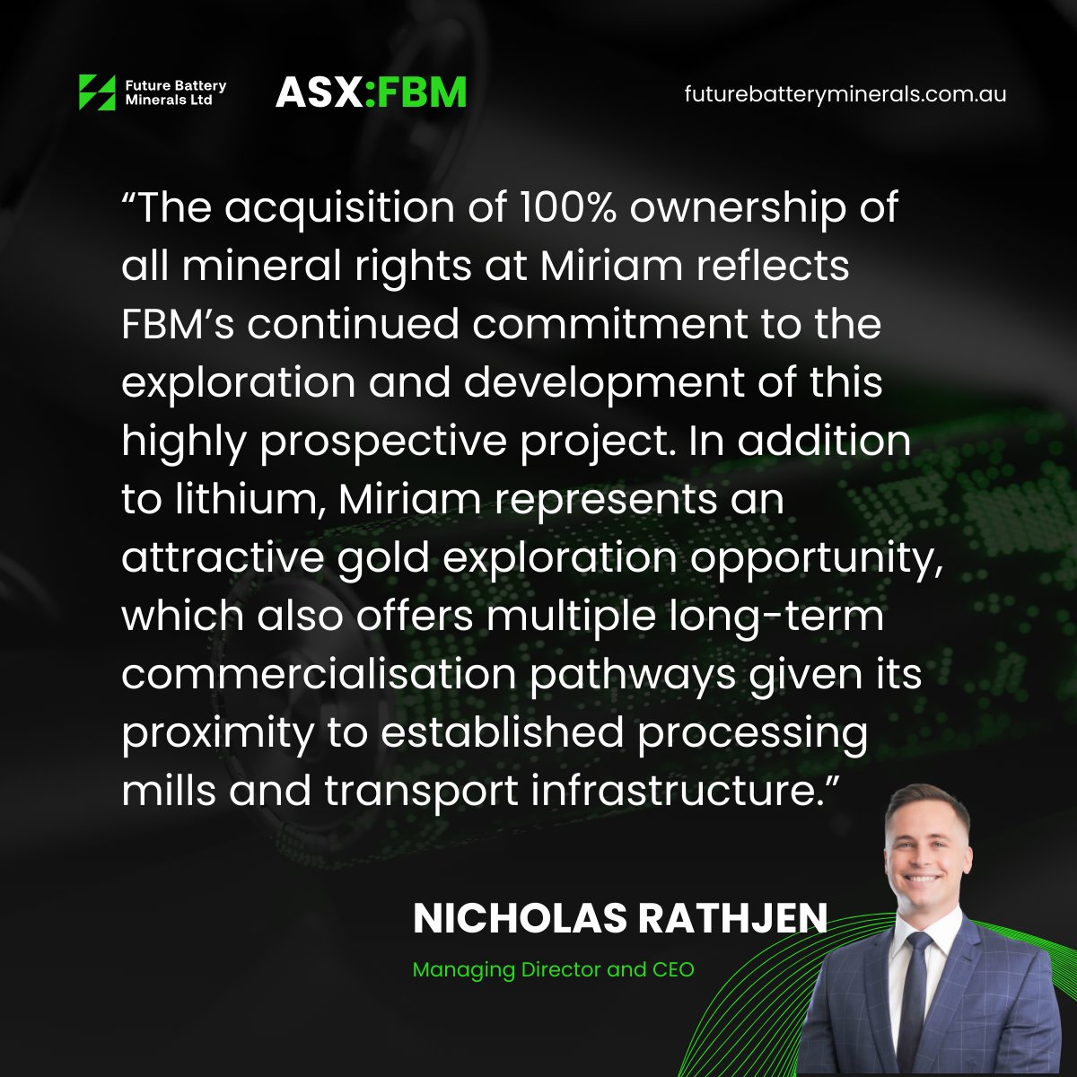 Future Battery Minerals Limited (@fbm_limited) on Twitter photo CEO and MD <a href="/Nicholasrathjen/">Nicholas Rathjen</a> comments on the acquisition
Read 🔗loom.ly/Df4UTGw
#Gold #Au #ASX #FutureBatteryMinerals $FBM $FBM.ax CEO and MD <a href="/Nicholasrathjen/">Nicholas Rathjen</a> comments on the acquisition
Read 🔗loom.ly/Df4UTGw
#Gold #Au #ASX #FutureBatteryMinerals $FBM $FBM.ax