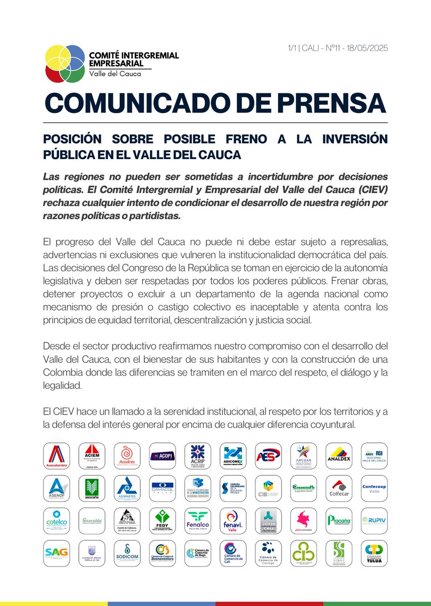 #Comunicado | Gremios empresariales rechazamos cualquier intento de condicionar el desarrollo del Valle del Cauca por razones políticas. Las regiones no pueden ser sometidas a incertidumbre por decisiones políticas.