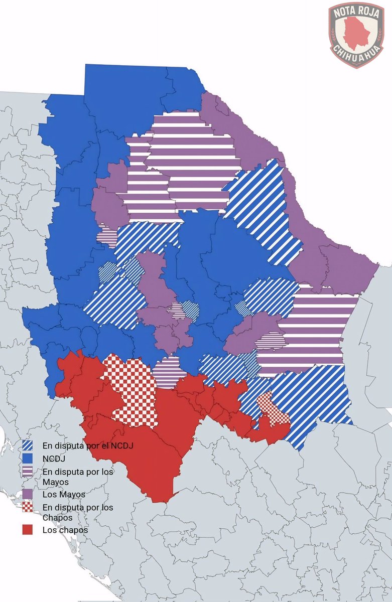 NotaRojaChih's tweet image. Así estaría quedando el mapa criminal de #Chihuahua tras los recientes reacomodos dentro de la región.
Por motivos de practicidad no se incluyen a los Mexicles, La empresa y subgrupos alineados a los carteles si no que los contaremos como parte de los 3 grandes grupos participes.
