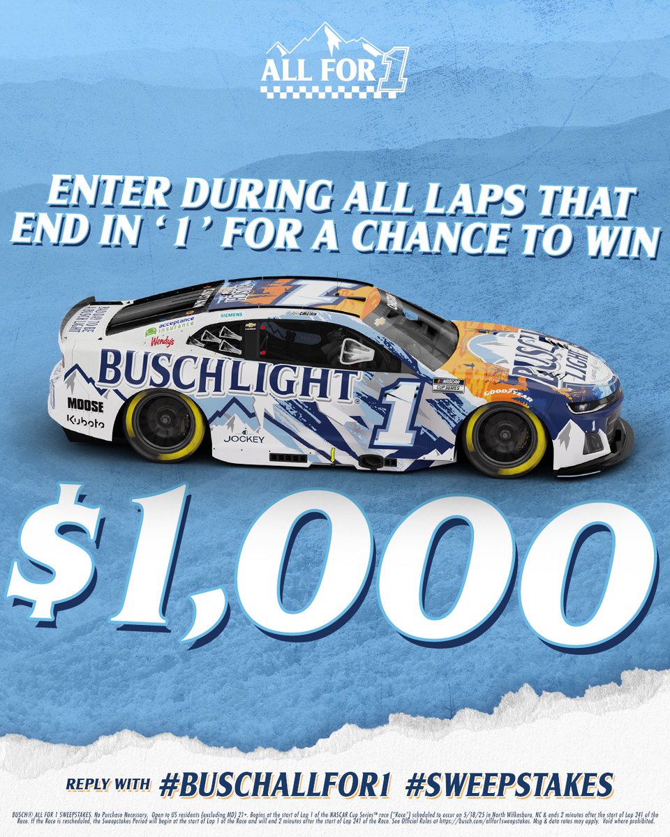 Busch Beer (@buschbeer) on Twitter photo We’re cruising into lap 231 with a chance to win $1K!
REPLY NOW using #BuschAllFor1 #Sweepstakes to enter for a chance to win $1,000! #AllStarRace <a href="/NWBSpeedway/">North Wilkesboro Speedway</a> We’re cruising into lap 231 with a chance to win $1K!
REPLY NOW using #BuschAllFor1 #Sweepstakes to enter for a chance to win $1,000! #AllStarRace <a href="/NWBSpeedway/">North Wilkesboro Speedway</a>