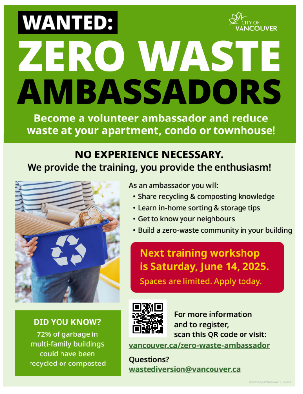 HSCPC (@hastingscpc) on Twitter photo Are you interested in reducing waste in your multi-unit residential building?
Registration to the <a href="/CityofVancouver/">City of Vancouver</a> Zero Waste Ambassador program summer cohort is now open to Vancouver residents living in an apartment, condo or townhome.
Please see attached poster for more info. Are you interested in reducing waste in your multi-unit residential building?
Registration to the <a href="/CityofVancouver/">City of Vancouver</a> Zero Waste Ambassador program summer cohort is now open to Vancouver residents living in an apartment, condo or townhome.
Please see attached poster for more info.