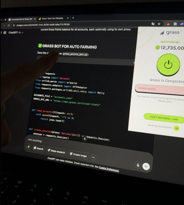 farooqdrops's tweet photo. I use ChatGPT + GRASS = $600โ$2K PASSIVE INCOME daily ๐ธ๐ฅ
No coding or programming skills needed โ total beginners welcome!
Auto-farming made easy with this DePIN money bot.
@GiveRep @ikadotxyz @Official_NODO
#DePIN #PassiveIncome #Crypto #AutoFarming #Web3 #NoCode https://t.co/s9GXjwahFA