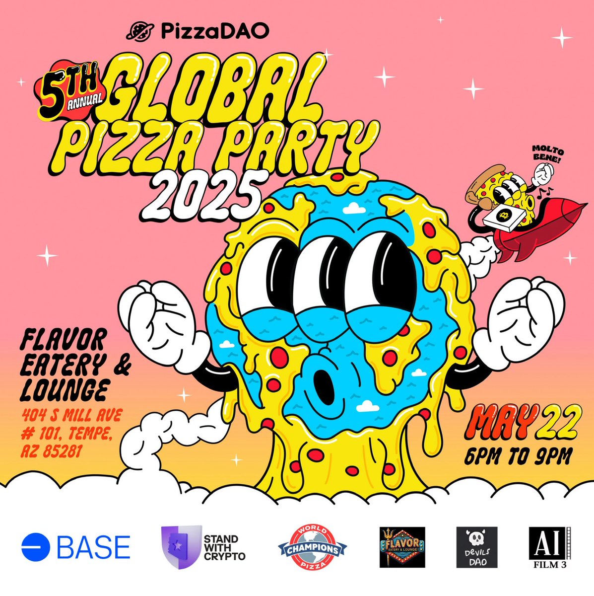 Shelton Beascochea🛡️ (@sheltonbeasco) on Twitter photo Celebrate #BitcoinPizzaDay in Tempe!
Join <a href="/Pizza_DAO/">PizzaDAO.eth 🍕🏴☠️</a> 5th Annual Global Pizza Party — commemorating the legendary 10,000 BTC pizza purchase and celebrating the crypto community.
May 22 | 6–9 PM
Flavor Eatery & Lounge
404 S Mill Ave #101, Tempe, AZ
RSVP here:
Meetup: Celebrate #BitcoinPizzaDay in Tempe!
Join <a href="/Pizza_DAO/">PizzaDAO.eth 🍕🏴☠️</a> 5th Annual Global Pizza Party — commemorating the legendary 10,000 BTC pizza purchase and celebrating the crypto community.
May 22 | 6–9 PM
Flavor Eatery & Lounge
404 S Mill Ave #101, Tempe, AZ
RSVP here:
Meetup: