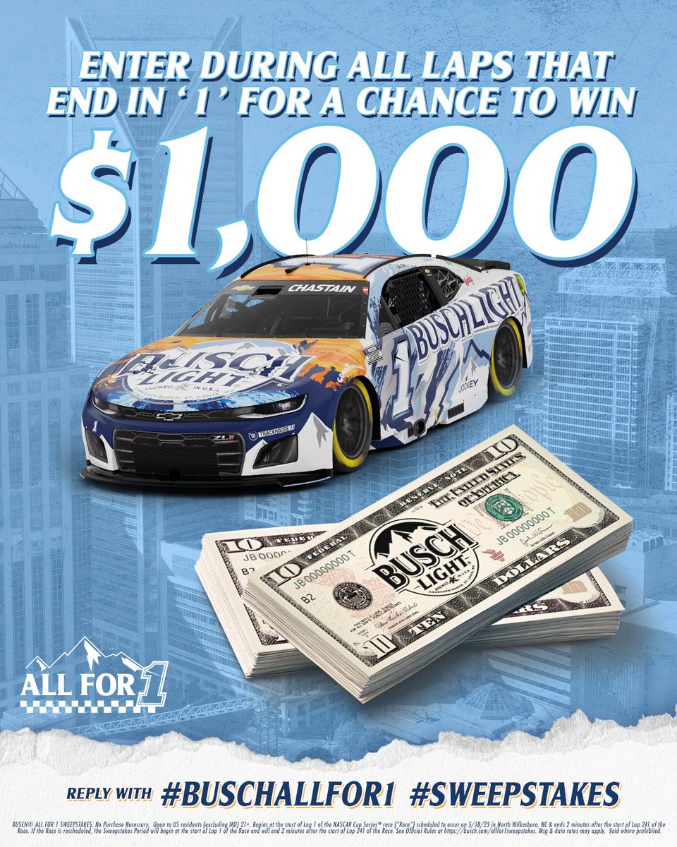 Busch Beer (@buschbeer) on Twitter photo LAP 241 IS THE LAST CHANCE TO TAKE HOME $1,000!
REPLY NOW using #BuschAllFor1 #Sweepstakes to enter for a chance to win $1,000! #AllStarRace <a href="/NWBSpeedway/">North Wilkesboro Speedway</a> LAP 241 IS THE LAST CHANCE TO TAKE HOME $1,000!
REPLY NOW using #BuschAllFor1 #Sweepstakes to enter for a chance to win $1,000! #AllStarRace <a href="/NWBSpeedway/">North Wilkesboro Speedway</a>